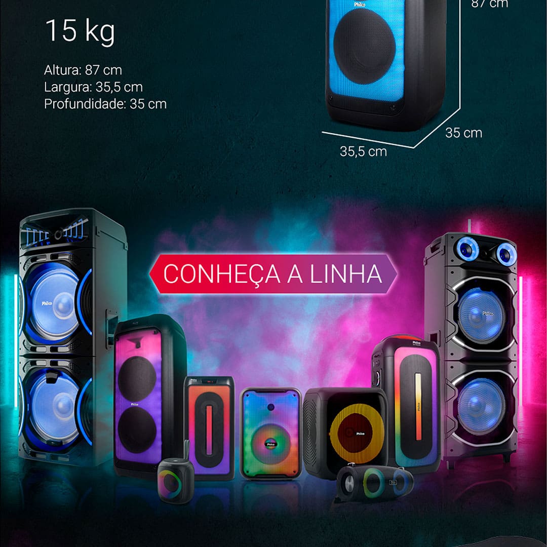 Caixa de Som Amplificada Philco PCX10100 com Bluetooth, Radio FM, Ex Bass, Iluminação LED, Controle Remoto e até 20h de bateria - 1500W