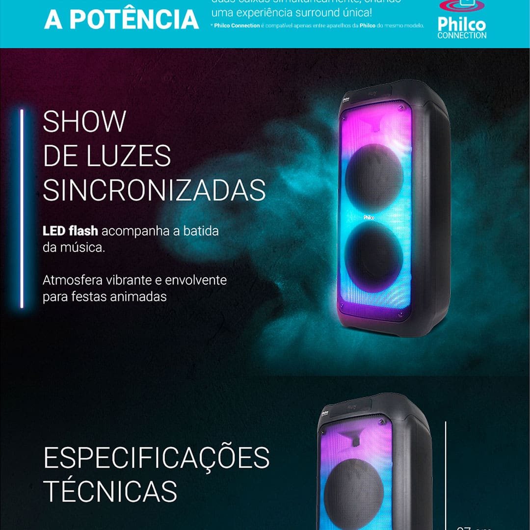 Caixa de Som Amplificada Philco PCX10100 com Bluetooth, Radio FM, Ex Bass, Iluminação LED, Controle Remoto e até 20h de bateria - 1500W