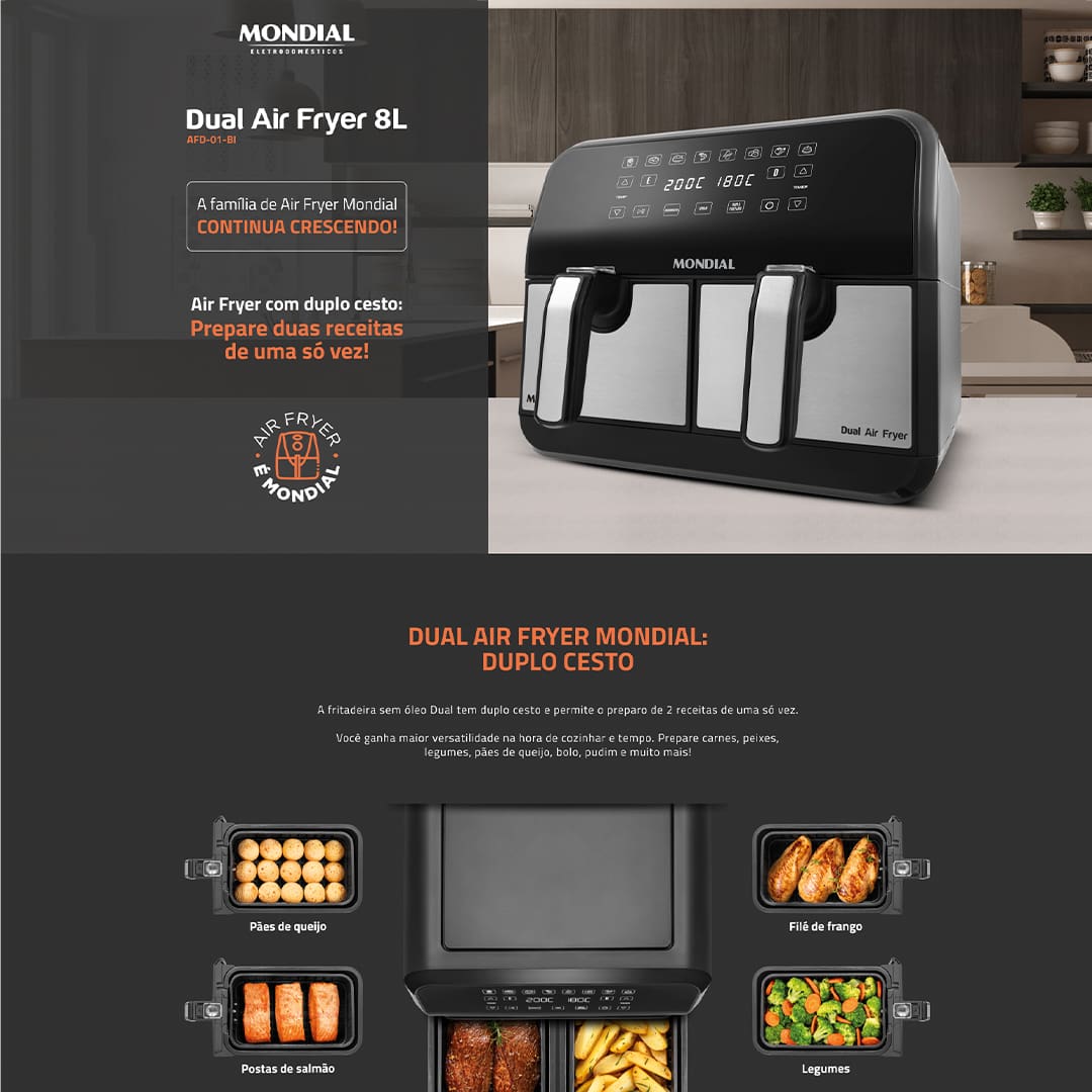 Fritadeira Elétrica Sem Óleo Air Fryer Mondial AFD-01-BI 8L Digital com Cesto Duplo– Preta/Inox - 110V
