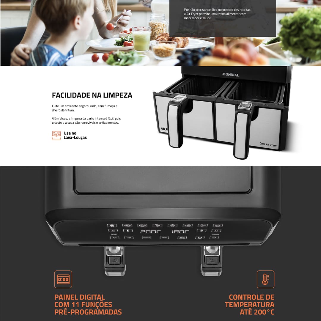 Fritadeira Elétrica Sem Óleo Air Fryer Mondial AFD-01-BI 8L Digital com Cesto Duplo– Preta/Inox - 110V