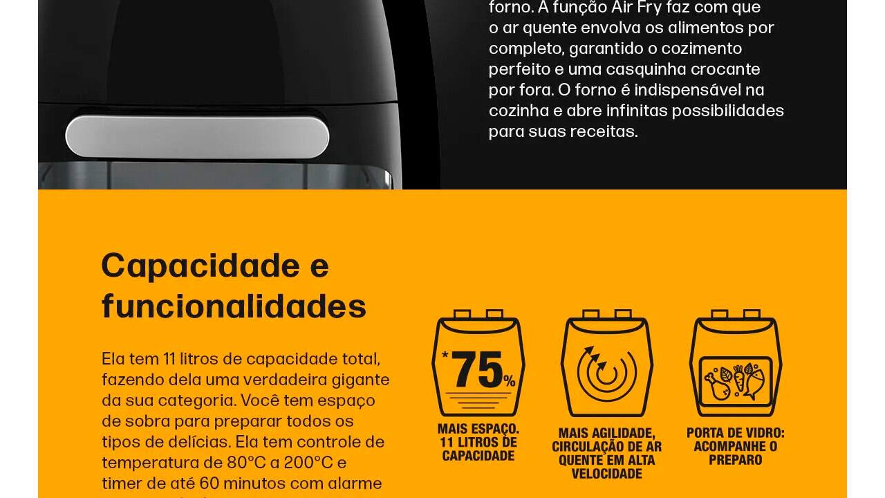 Fritadeira Elétrica Philco Air Fry Oven PFR2000P 11L Preta Inox