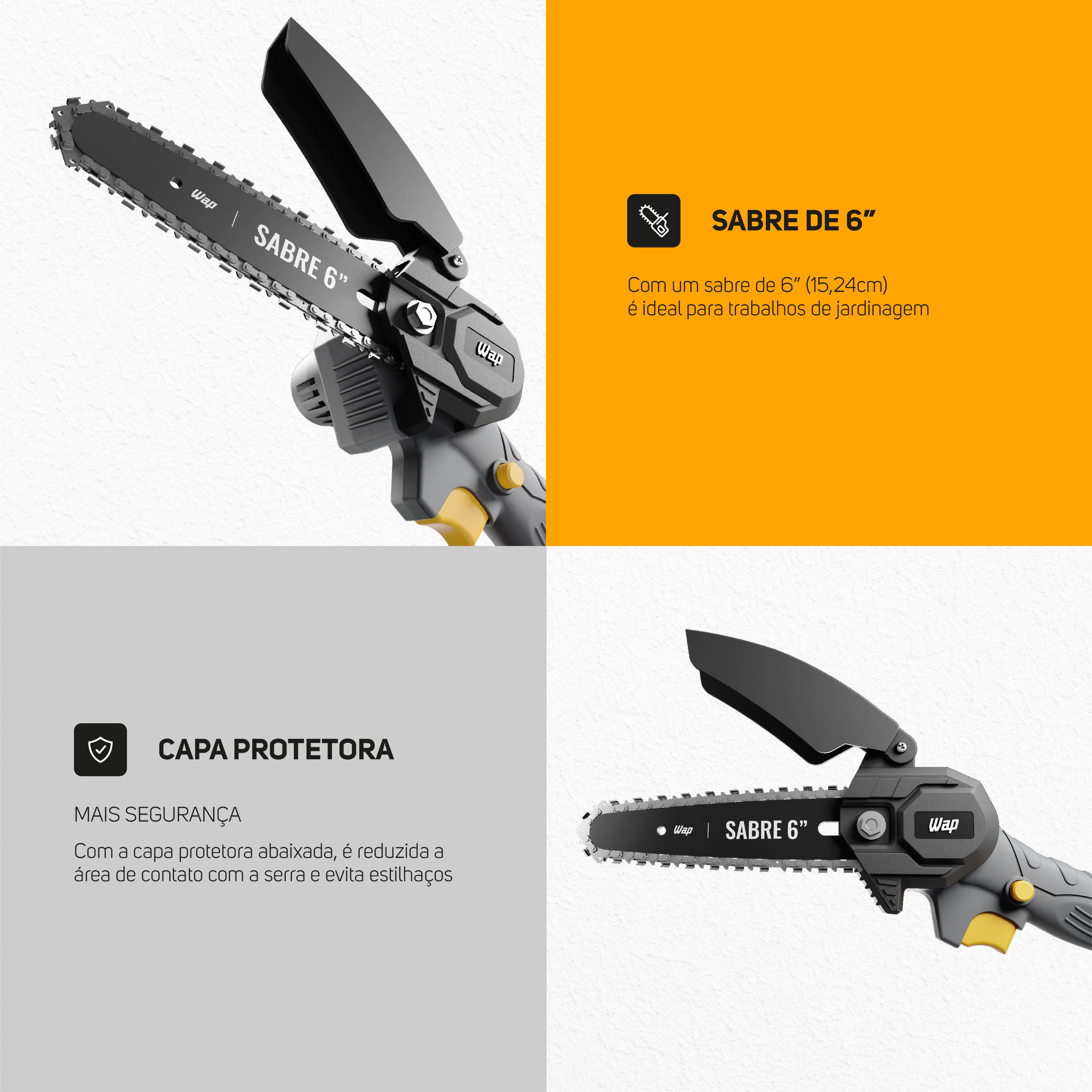 Motoserra de Poda Portátil Wap Sabre 6 K21 S01 Sabre 6 Polegadas 2000mnAh Corte de 10cm Bivolt