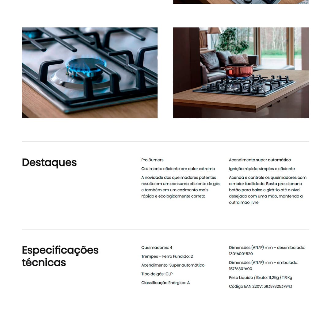 Cooktop a Gás 4 Bocas Hisense GM663XB com Queimador Wok Inox – 220V