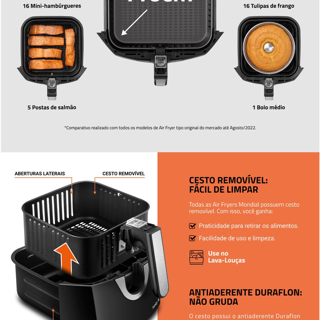 Com Fritadeira Elétrica Sem Óleo Air Fryer Mondial Family AFN40FB você prepara alimentos saudáveis e deliciosos com facilidade e simplifica sua vida na cozinha. São 1500W de potência que possibilita assar, cozinhar, gratinar e fritar batata, nuggets, frango, carnes, peixes, pão de queijo, bolos e muito outras refeições que desejar no dia a dia.