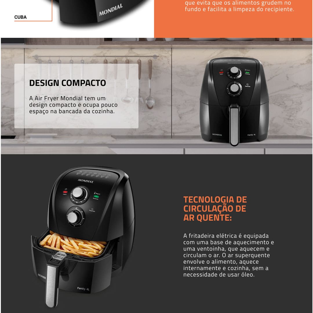 Fritadeira Elétrica Sem Óleo Air Fryer Mondial Family AFN40FB 4 L – Preta - 110V