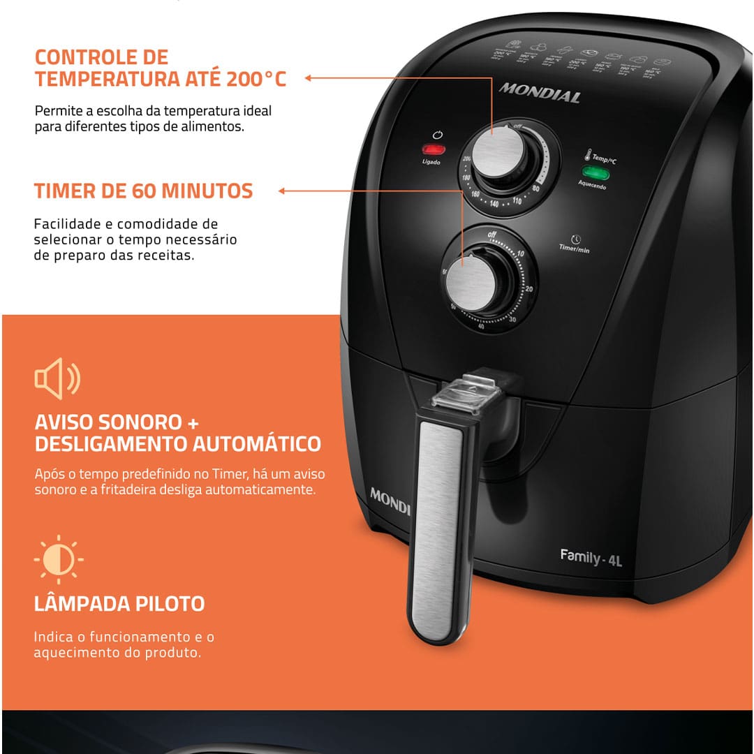 Fritadeira Elétrica Sem Óleo Air Fryer Mondial Family AFN40FB 4 L – Preta - 110V