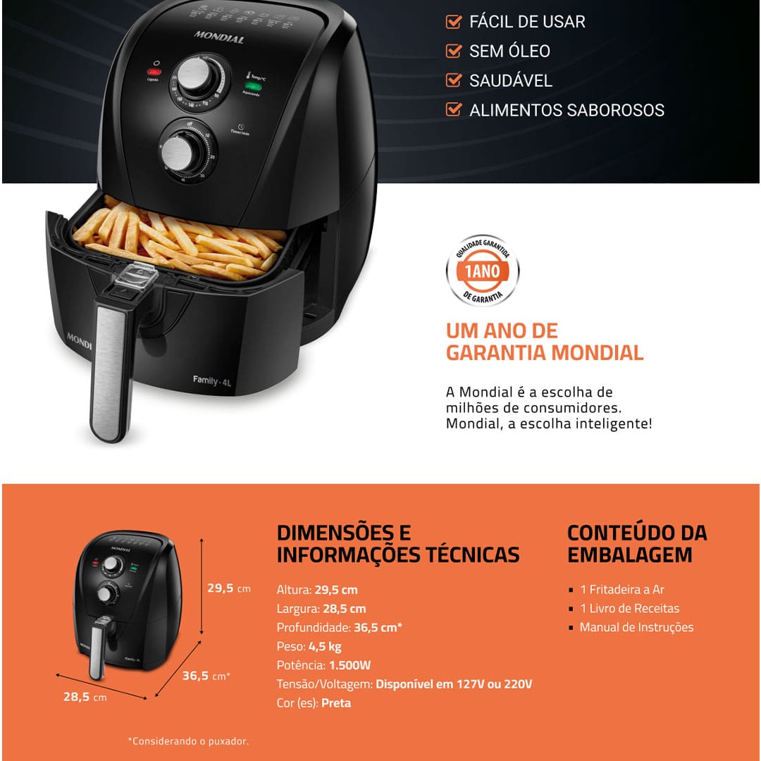 Fritadeira Elétrica Sem Óleo Air Fryer Mondial Family AFN40FB 4 L – Preta - 110V