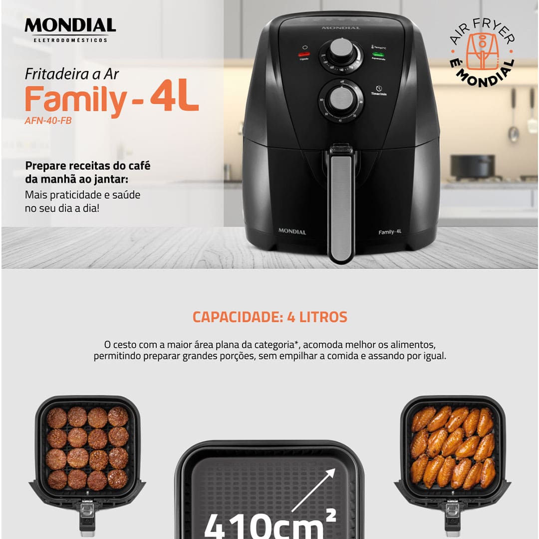 Com Fritadeira Elétrica Sem Óleo Air Fryer Mondial Family AFN40FB você prepara alimentos saudáveis e deliciosos com facilidade e simplifica sua vida na cozinha. São 1500W de potência que possibilita assar, cozinhar, gratinar e fritar batata, nuggets, frango, carnes, peixes, pão de queijo, bolos e muito outras refeições que desejar no dia a dia.