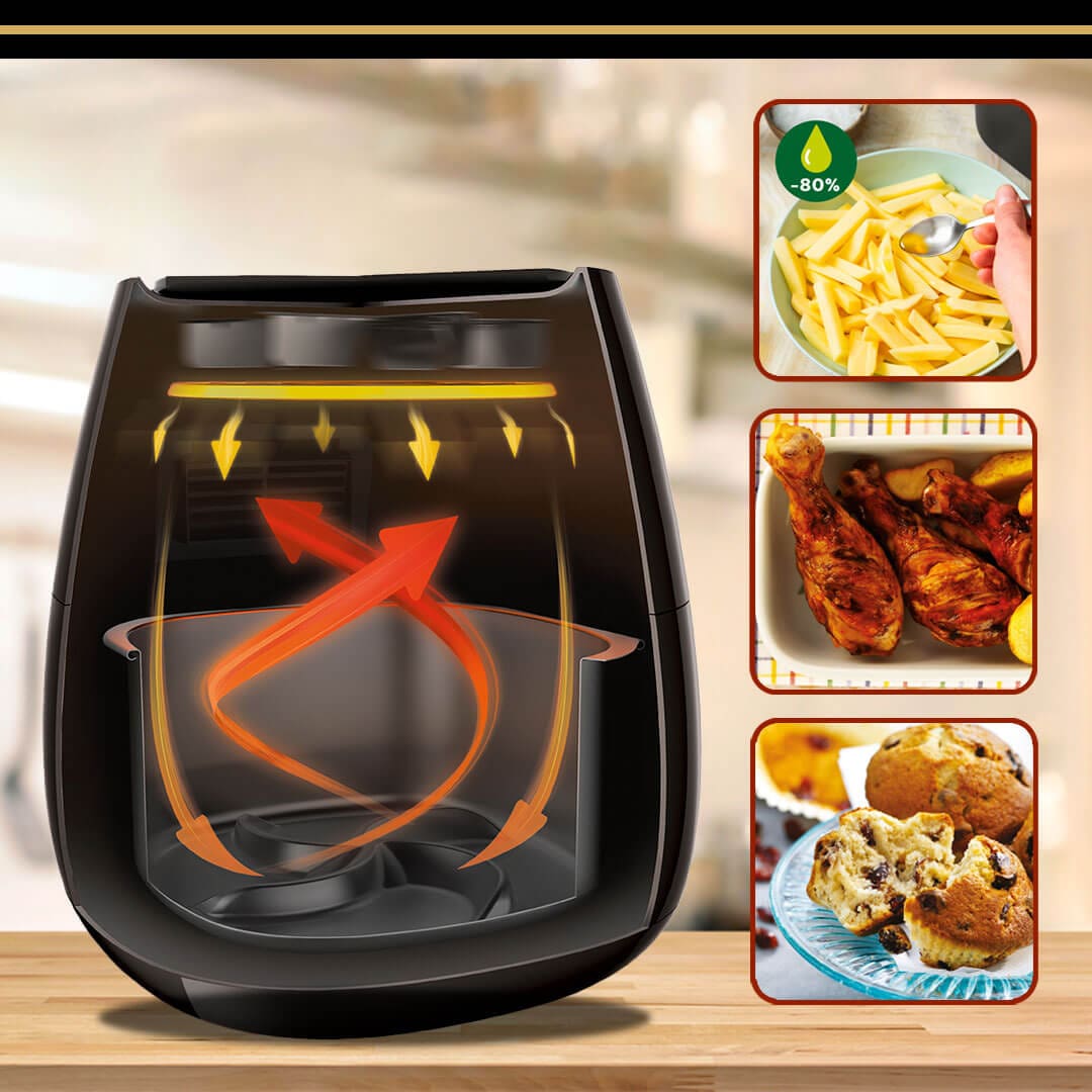 imagem ilustra o sistema de cozimento e ao lado alguns alimentos preparados com a fritadeira
