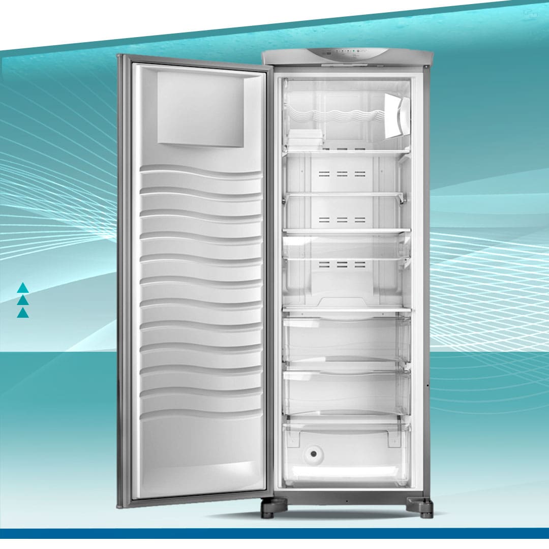 geladeira refrigerador freezer porta aberta prateleiras gavetas parte interna