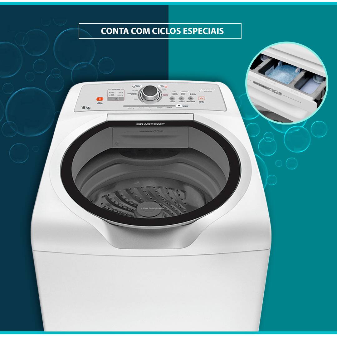 Lavadora de Roupas Brastemp BWH15AB vista de cima destacando o multidispenser