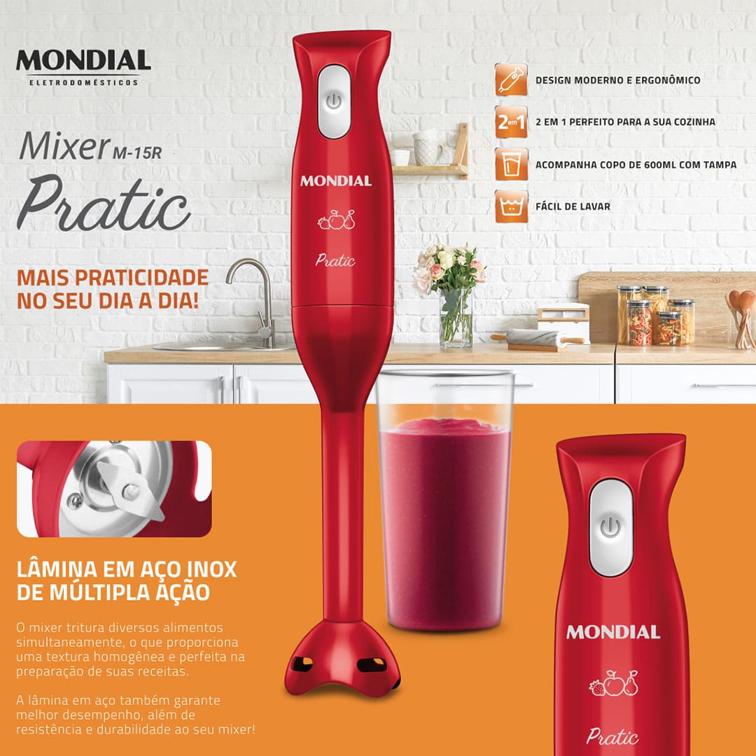 Prepare receitas com texturas homogêneas, como vitaminas, caldos, sopas, cremes, purês e papinhas de bebê, com mais facilidade no seu dia a dia. Leve agora mesmo o Mixer Mondial Pratic M-15-R Vermelho para sua cozinha!  Um produto excelente com lâmina de aço inox de múltipla ação e 2 em 1 - que permite bater e triturar os ingredientes. E, com o copo de 600 ml, fica mais fácil preparar e o armazenar os pratos.  Leve e ergonômico oferece um manuseio confortável e prático. É fácil de lavar e possui design compacto que o torna prático de guardar onde você desejar.  Ganhe tempo na cozinha, tenha um Mixer da Mondial e aproveite!