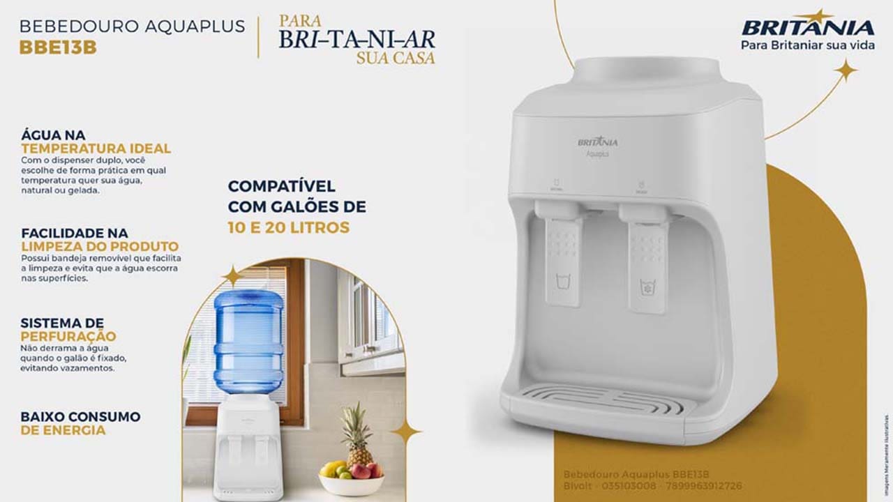Temperatura e economia de energia  Com baixo consumo de energia, este bebedouro oferece água refrescante sem pesar na conta de luz. Assim, a eficiência energética do Bebedouro Britânia BBE13B permite que você desfrute de água gelada e natural, colocando sua hidratação em primeiro lugar. 