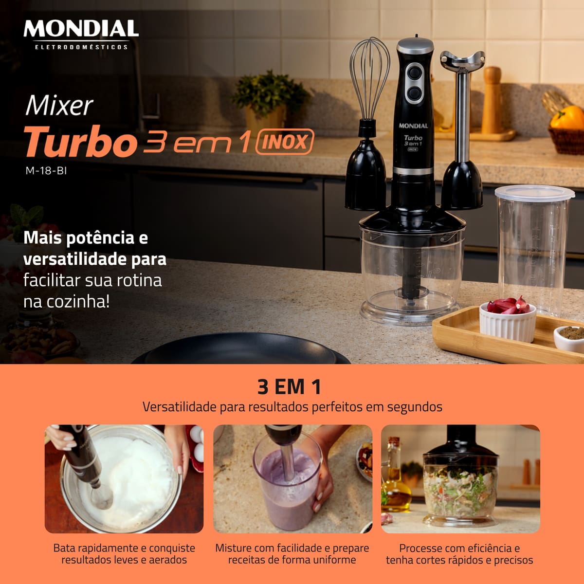 Mixer Mondial Turbo 3 em 1 Inox M-18-BI 500W Funçã...