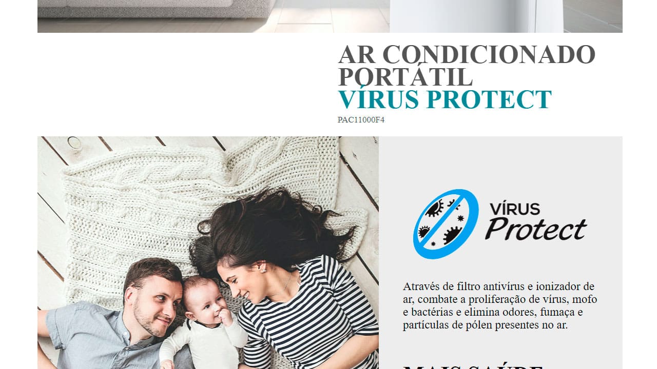 Ar-Condicionado Portátil Philco Vírus Protect PAC11000F4 11.000 Btus com Controle Remoto e Display Digital