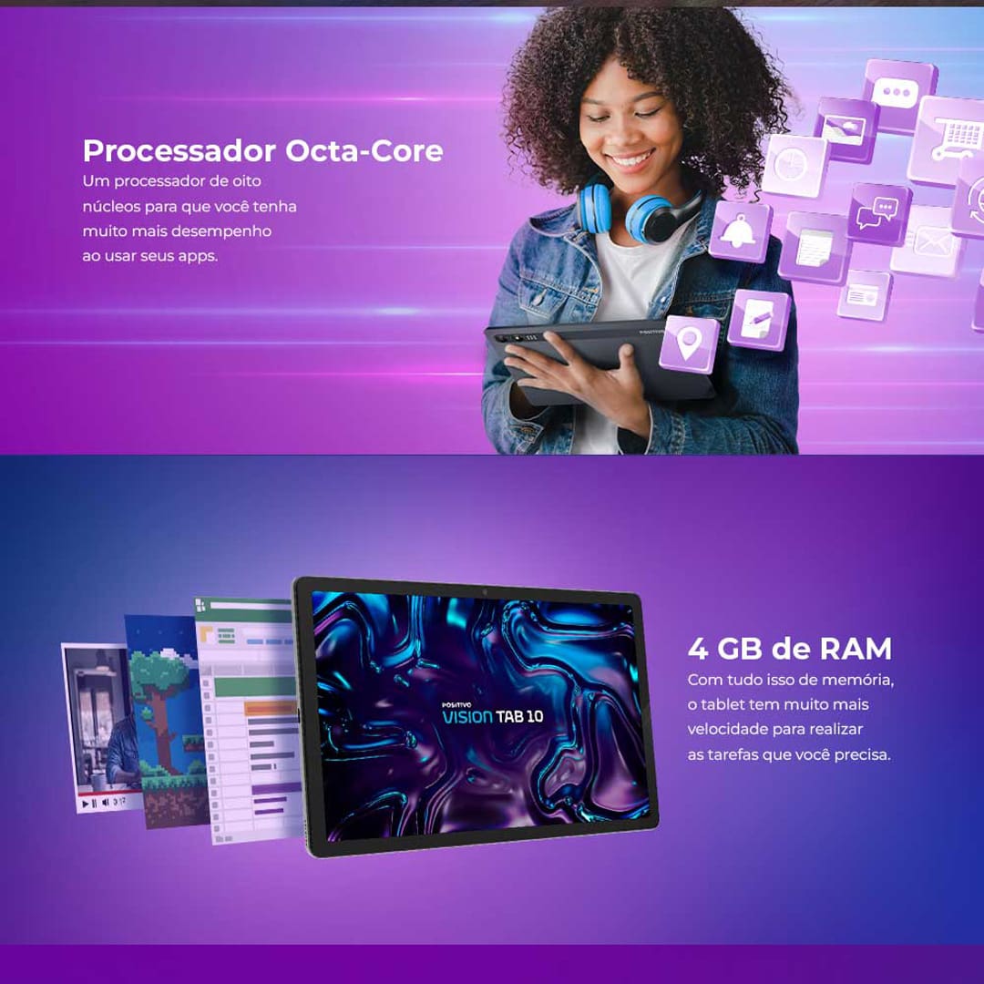 Tablet Positivo Vision10 com Tela 10.1" 128GB, WiFi e 4GB RAM, Câmera Frontal 5MP, Câmera 8MP