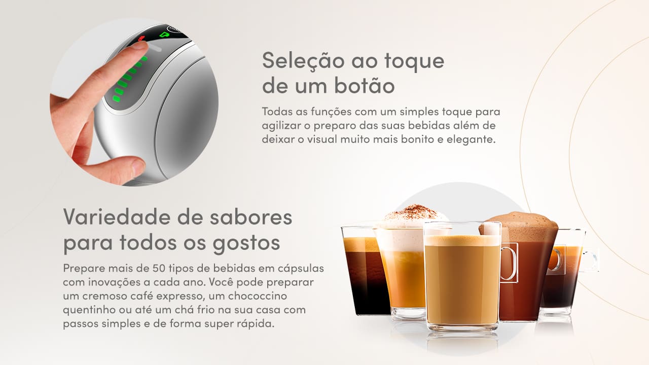 Tecnologia de ponta para bebidas perfeitas. A Nescafé Dolce Gusto Genio S Touch da Arno é uma cafeteira expresso multibebidas que oferece a versatilidade de preparar mais de 45 tipos de bebidas diferentes. Com um sistema de 15 Bars de pressão, ela garante a melhor qualidade, aroma e cremosidade, entregando resultados comparáveis aos dos melhores baristas profissionais. Seu painel Touch intuitivo permite o controle de temperatura com quatro opções distintas, desde bebidas frias até as mais quentes.