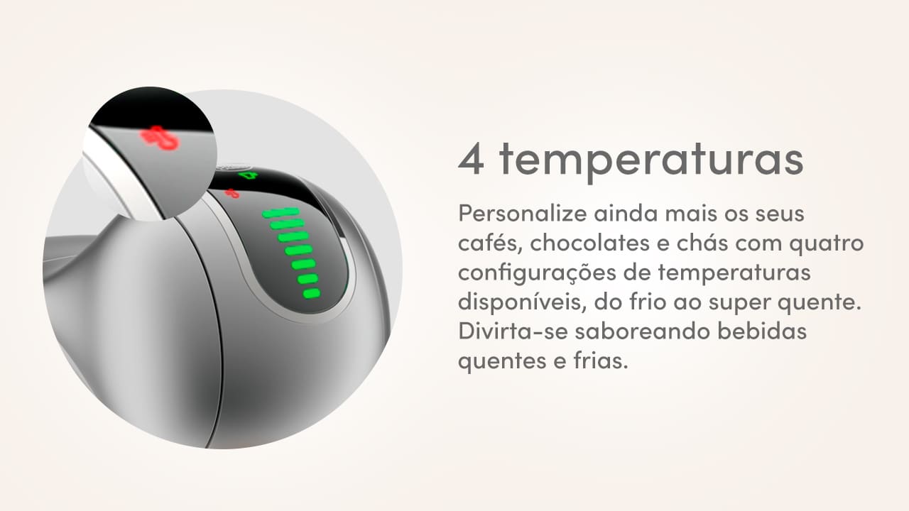 Tecnologia de ponta para bebidas perfeitas. A Nescafé Dolce Gusto Genio S Touch da Arno é uma cafeteira expresso multibebidas que oferece a versatilidade de preparar mais de 45 tipos de bebidas diferentes. Com um sistema de 15 Bars de pressão, ela garante a melhor qualidade, aroma e cremosidade, entregando resultados comparáveis aos dos melhores baristas profissionais. Seu painel Touch intuitivo permite o controle de temperatura com quatro opções distintas, desde bebidas frias até as mais quentes.