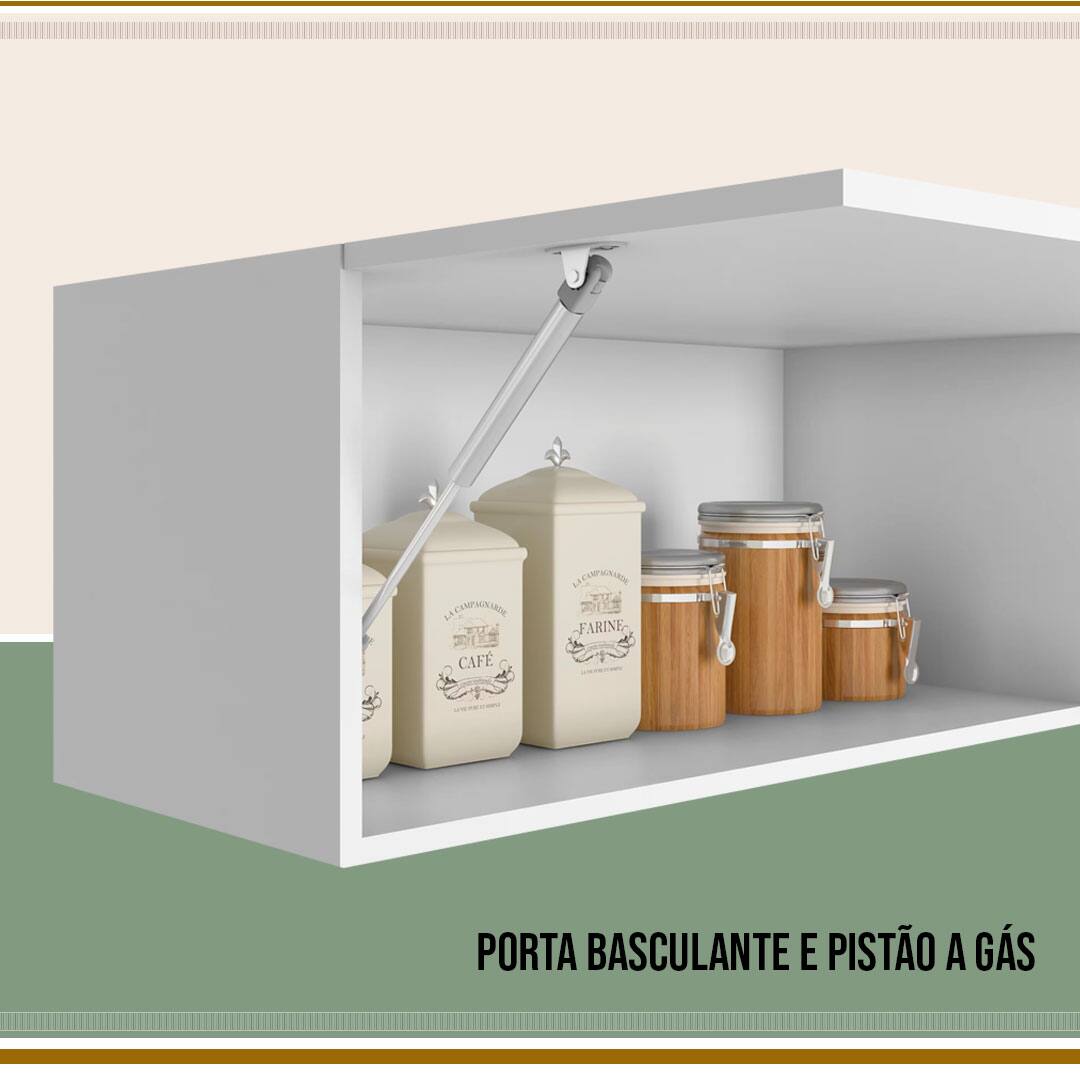 porta basculante e pistão a gás branca aberta parte interna à mostra potes marrom guardados café farine