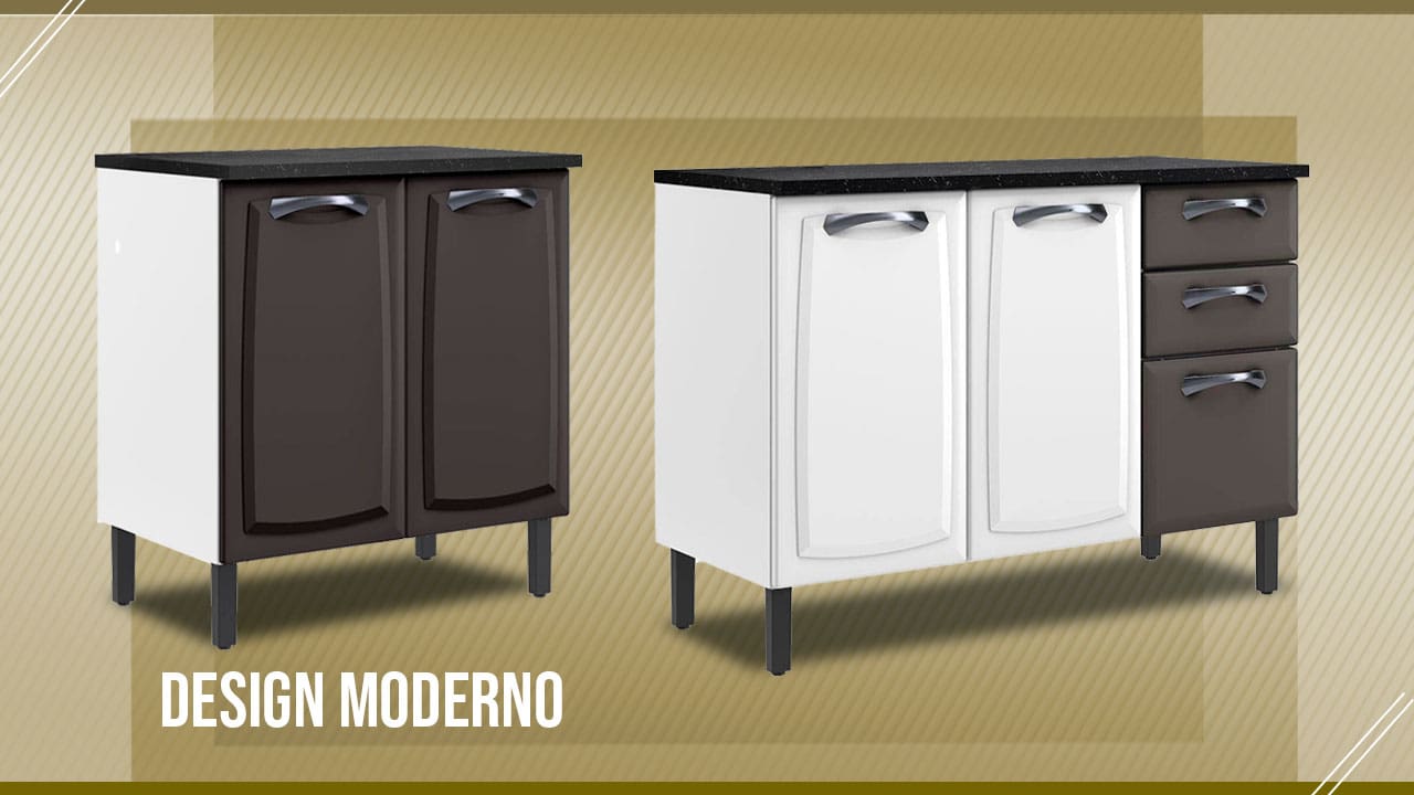 Design moderno balcões preto branco quatro portas três gavetas fechadas puxadores metalizados pés cinza bancada tampo