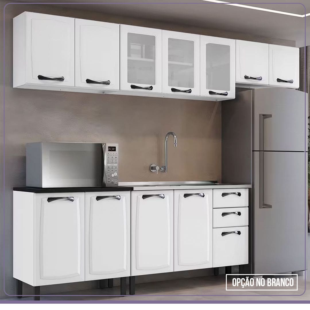 Cozinha Compacta Itatiaia New Premium preto branco puxadores metalizados portas fechadas vidro equipamento microondas torneira cinza geladeira inox