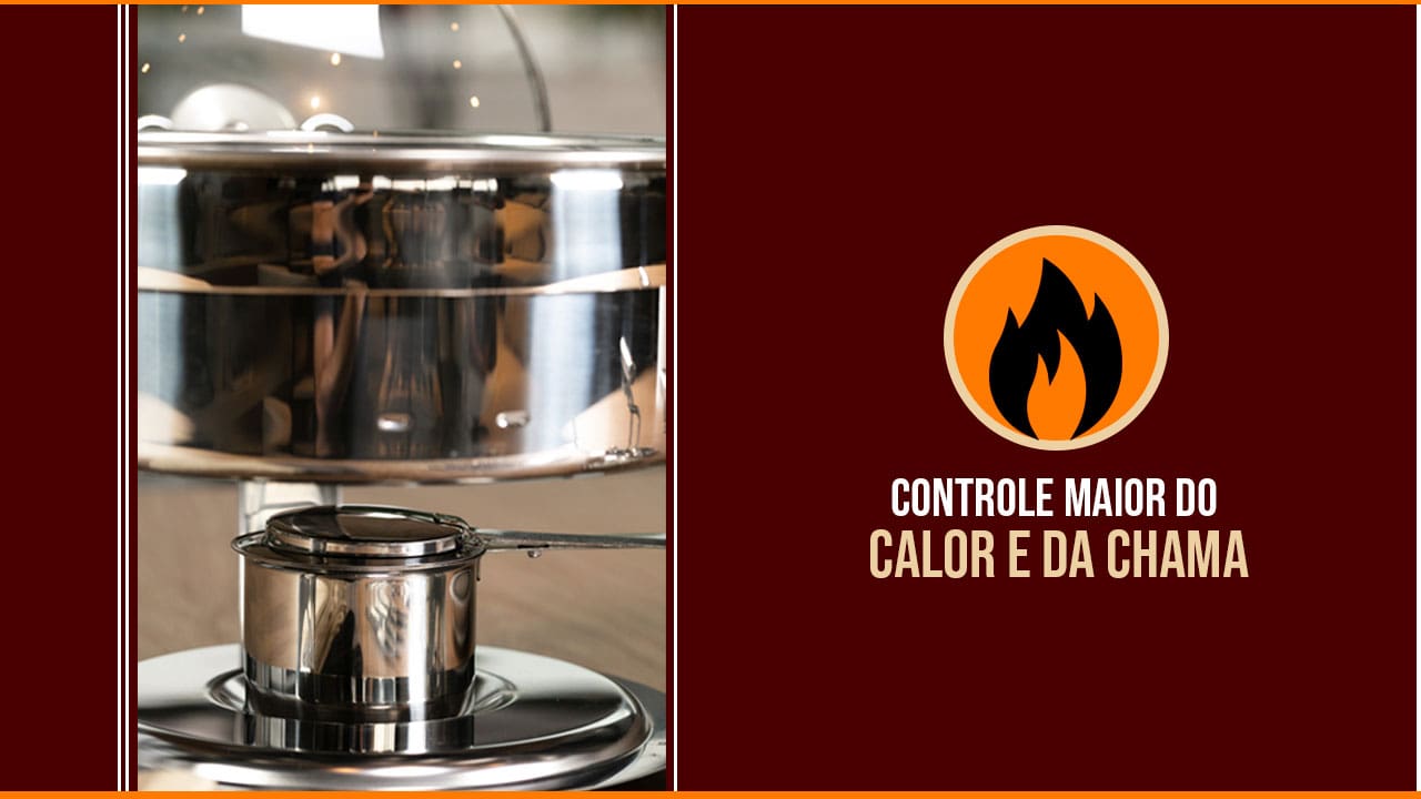 Controle maior do calor e da chama Fogareiro Brinox cinza prata desenho arte fogo laranja preto