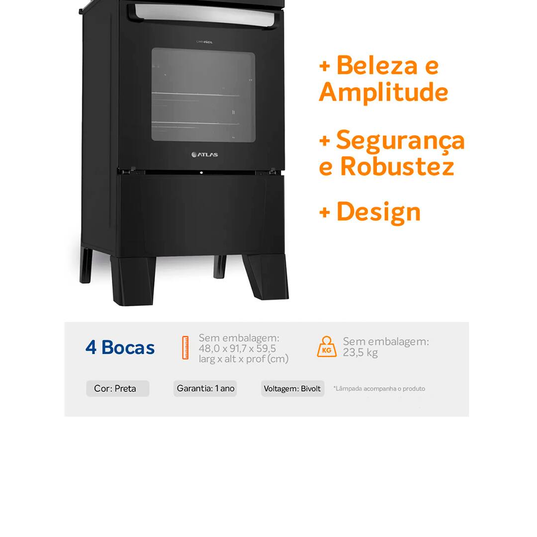 Fogão 4 Bocas Atlas Agile Up Glass Preto