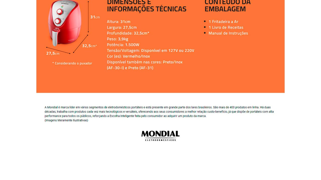 Fritadeira Elétrica Mondial AF-32-RI 3,5L Vermelha Inox