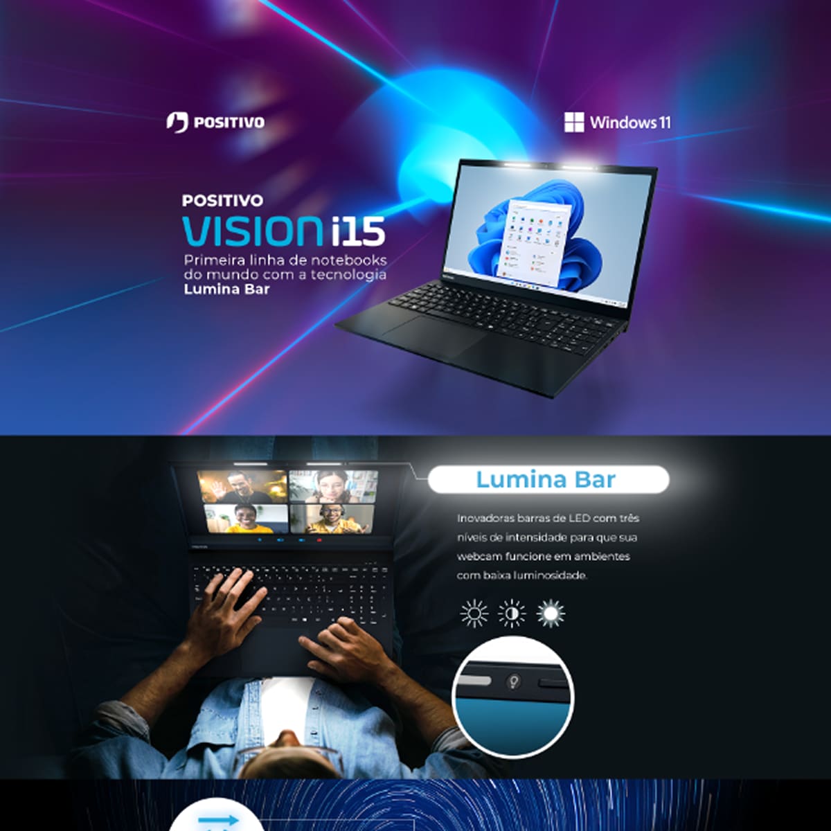 Notebook Positivo 15" Full HD Vision i15 com Lumina Bar, processador Intel core i3-N300, 8GB de RAM, 256GB SSD e Windows 11 - Preto