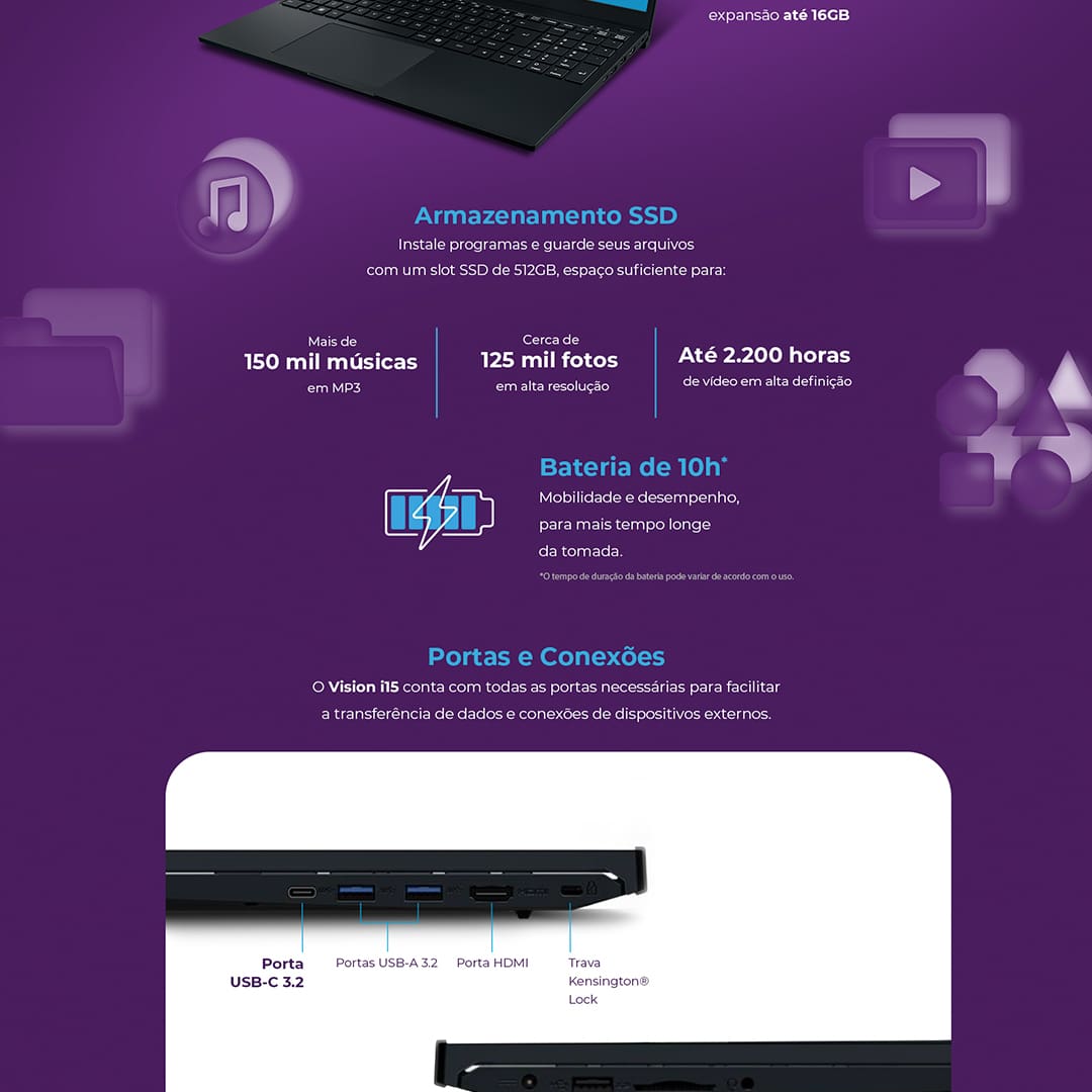 Notebook Positivo 15" Full HD Vision i15 com Lumina Bar, processador Intel core i3-N300, 8GB de RAM, 256GB SSD e Windows 11 - Preto