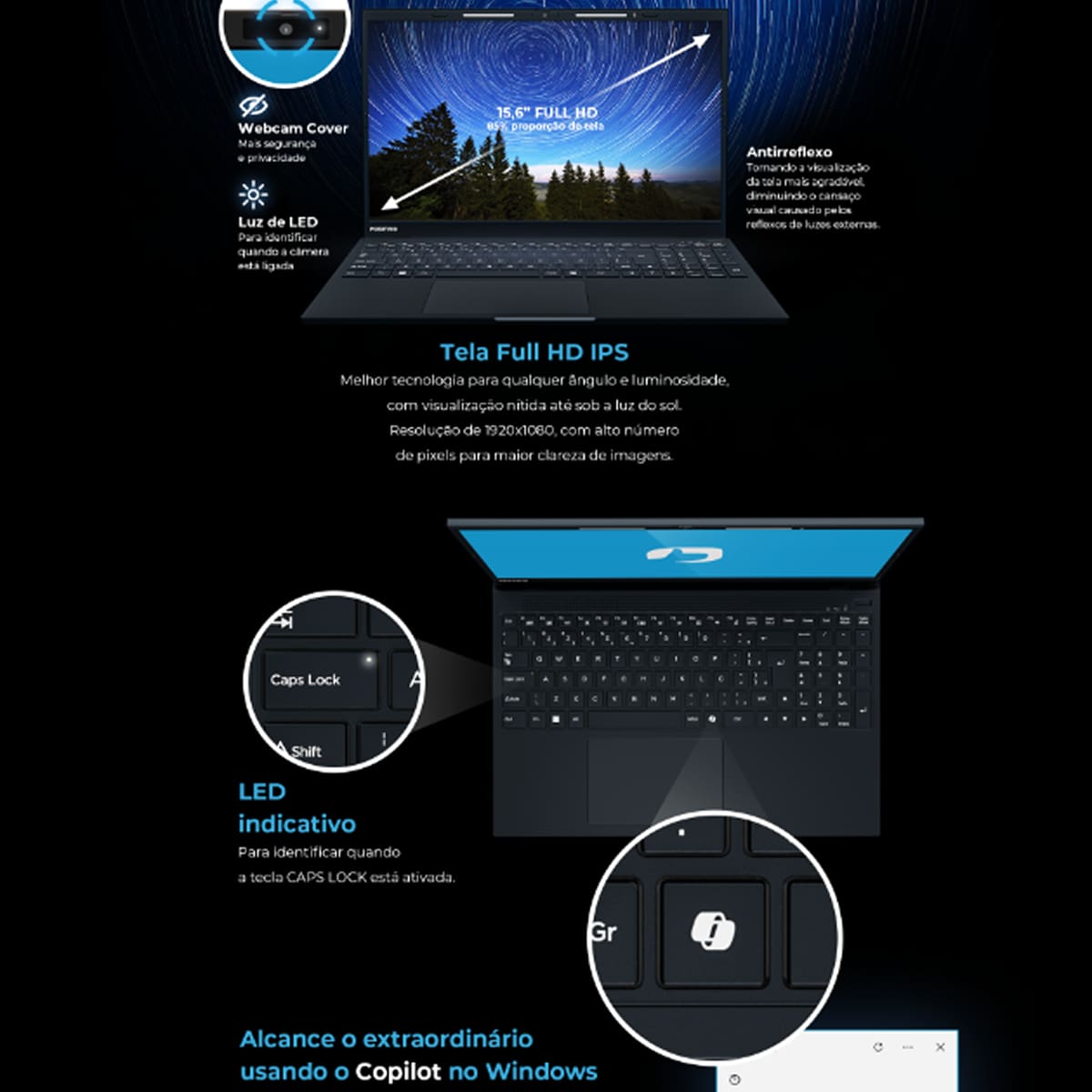 Notebook Positivo 15" Full HD Vision i15 com Lumina Bar, processador Intel core i3-N300, 8GB de RAM, 256GB SSD e Windows 11 - Preto