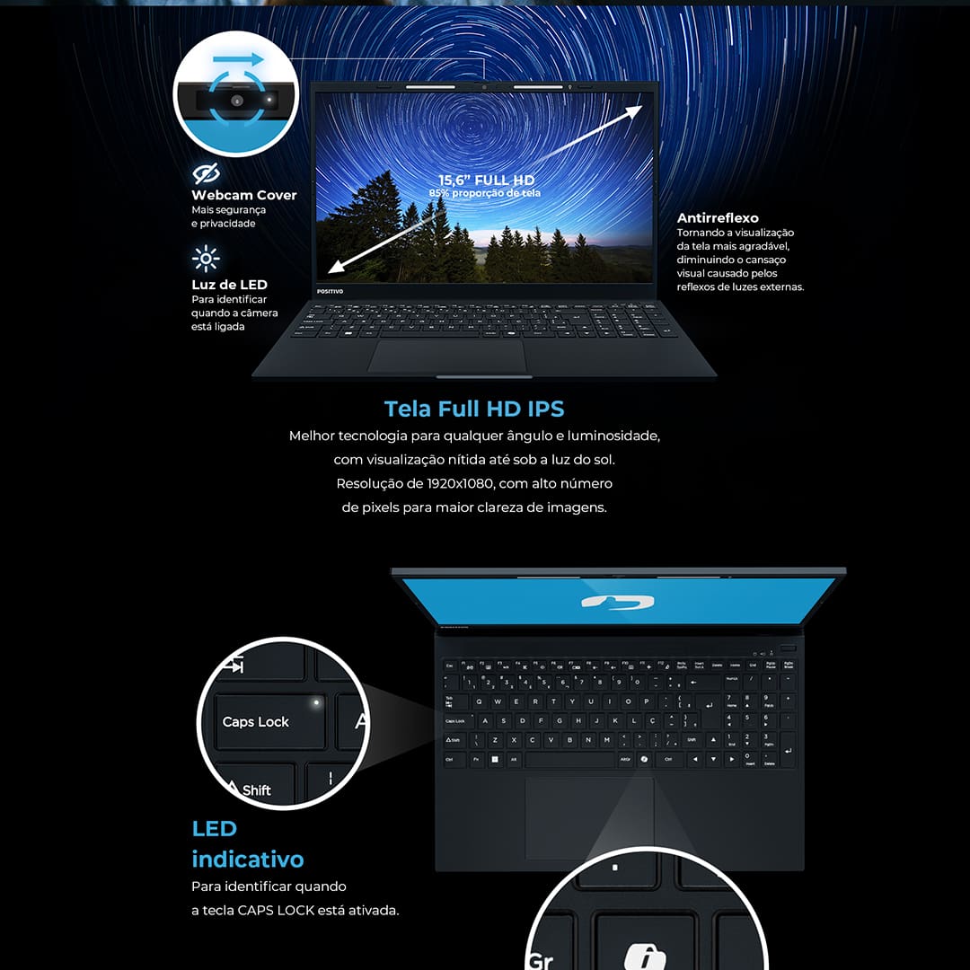 Notebook Positivo 15" Full HD Vision i15 com Lumina Bar, processador Intel core i3-N300, 8GB de RAM, 256GB SSD e Windows 11 - Preto