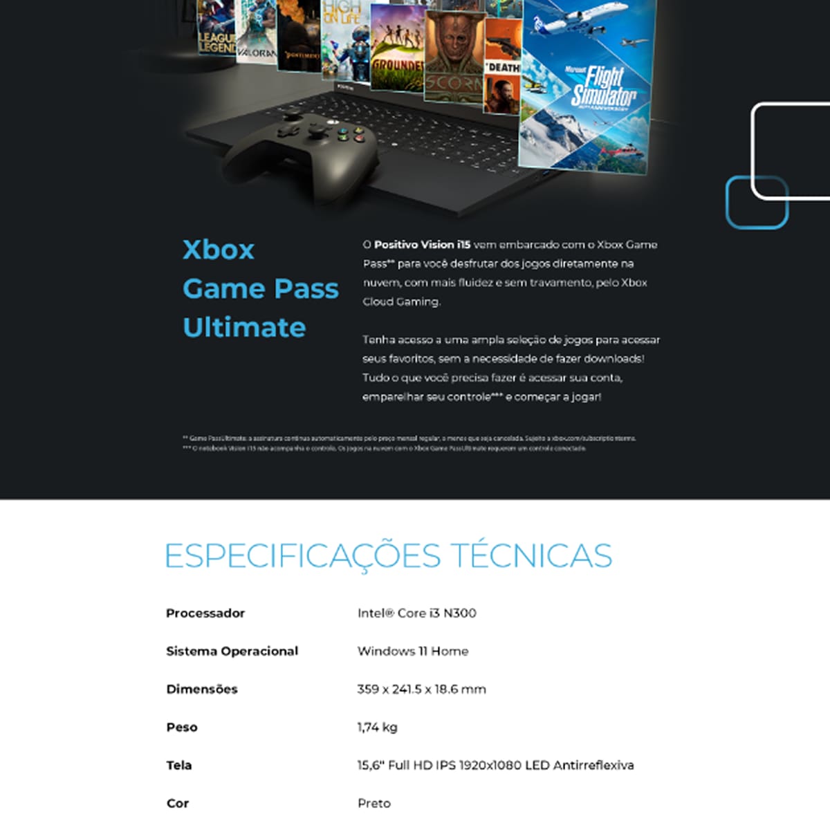 Notebook Positivo 15" Full HD Vision i15 com Lumina Bar, processador Intel core i3-N300, 8GB de RAM, 256GB SSD e Windows 11 - Preto