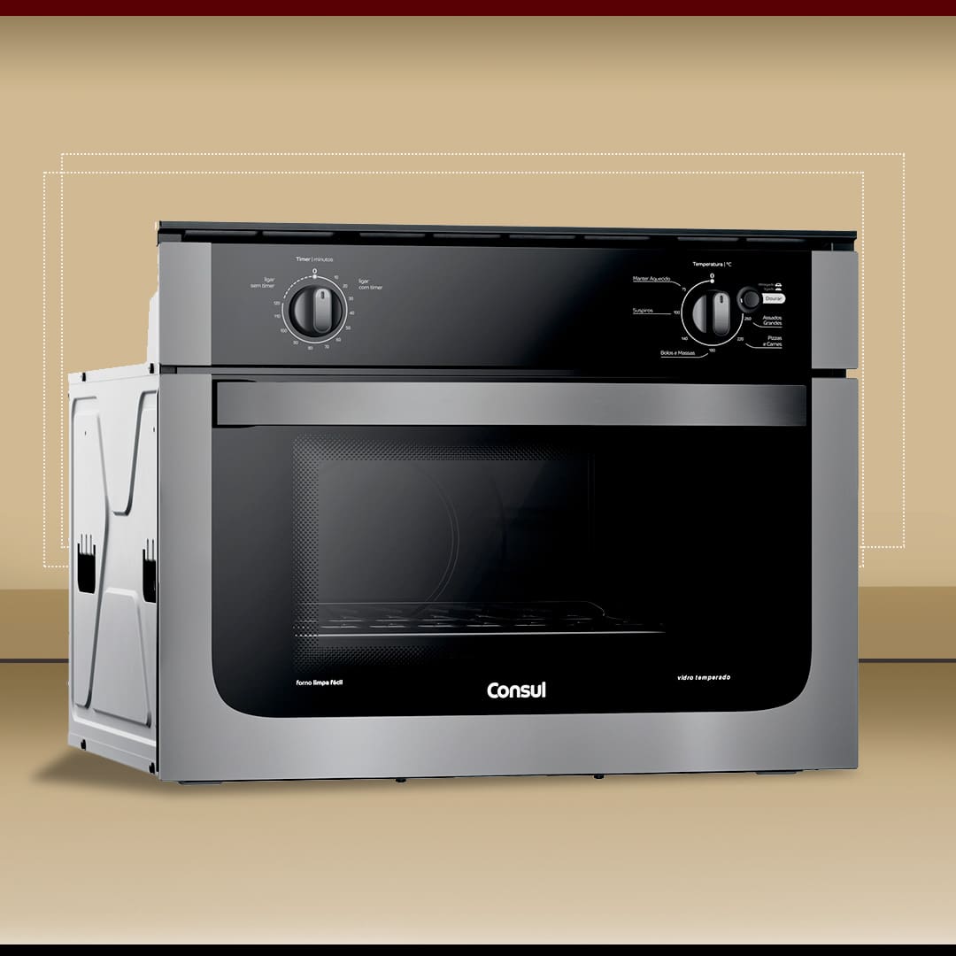 imagem frontal frente Forno Elétrico de Embutir Consul cinza prata preto dois botões