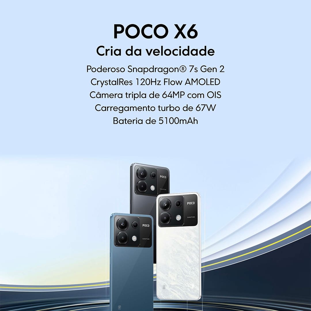 Smartphone POCO X6 5G Branco: tecnologia e elegância em um só aparelho. Se você busca por inovação, desempenho excepcional e uma experiência móvel incomparável, o Xiaomi Poco X6 5G é a escolha perfeita para você. Este smartphone foi projetado para entregar velocidade, eficiência e entretenimento.