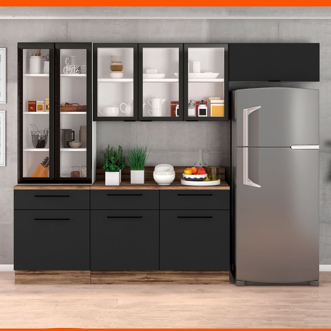 Cozinha completa Itatiaia Exclusive geladeira plantas frutas xícaras potes canecas utensílios guardados