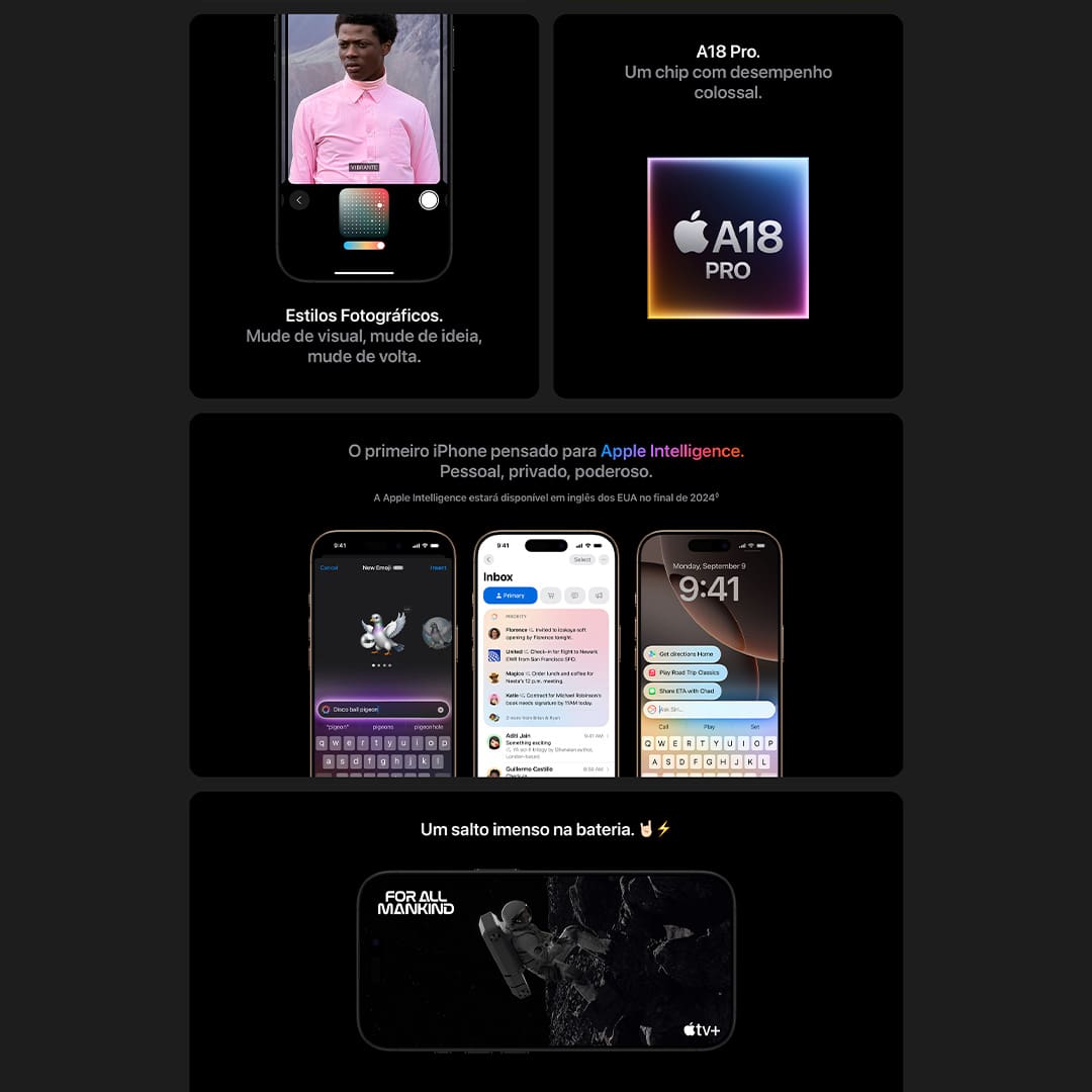 iPhone 16 Pro. Com estrutura em titânio, Controle da Câmera, 4K Dolby Vision a 120 qps e o chip A18 Pro.