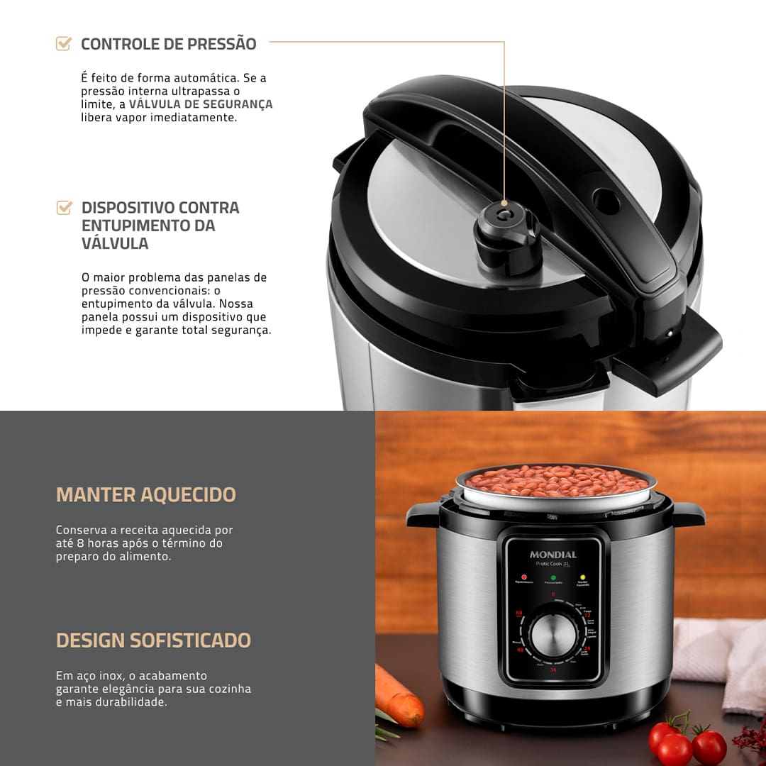 Praticidade e rapidez na cozinha agora virou realidade com a incrível Panela de Pressão Elétrica Mondial PE-47 Pratic Cook, que te auxilia a preparar as melhores receitas com facilidade e rapidez no preparo graças as suas 10 funções, sendo uma delas, a de manter a sua comida quentinha por mais tempo. Possui uma válvula de segurança que mantém a pressão interna da panela totalmente equilibrada, além de uma capacidade de 3L que permite você cozinhar várias opções e com um volume maior se necessário.