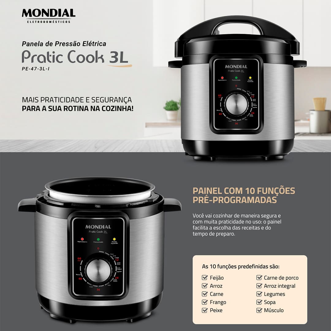 Praticidade e rapidez na cozinha agora virou realidade com a incrível Panela de Pressão Elétrica Mondial PE-47 Pratic Cook, que te auxilia a preparar as melhores receitas com facilidade e rapidez no preparo graças as suas 10 funções, sendo uma delas, a de manter a sua comida quentinha por mais tempo. Possui uma válvula de segurança que mantém a pressão interna da panela totalmente equilibrada, além de uma capacidade de 3L que permite você cozinhar várias opções e com um volume maior se necessário.