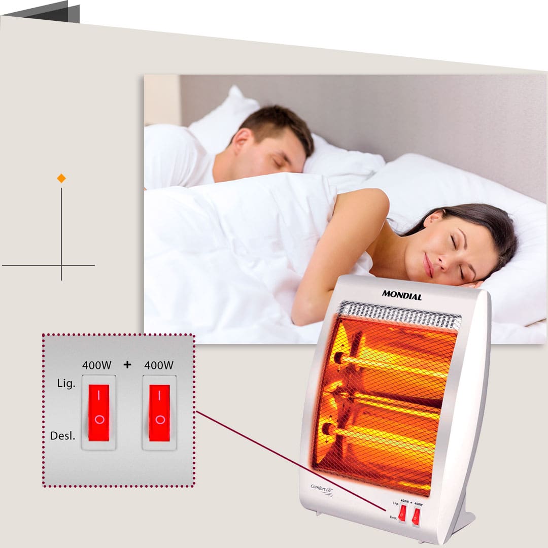 Casal dormindo na cama, com o Aquecedor Halógeno Mondial Comfort Air A-09 em evidência