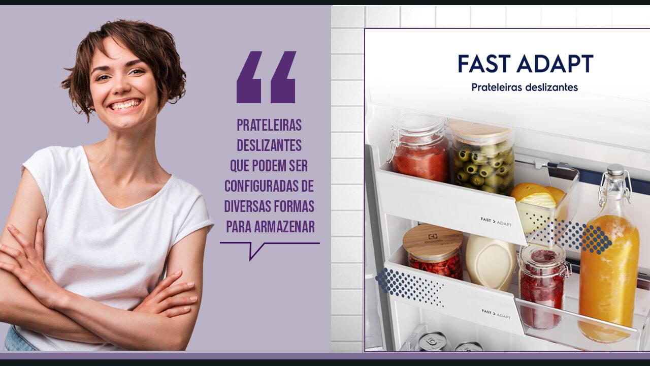 Geladeira Electrolux Inverter Frost Free IF43S prateleiras retráteis reversíveis