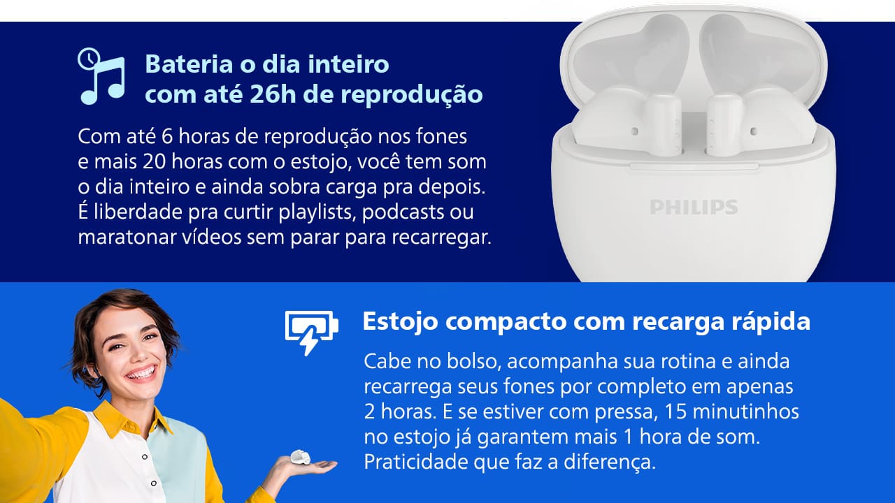 Fone de Ouvido Philips TAT1139WT/00 Bluetooth TWS IPX4 26h de Bateria Branco