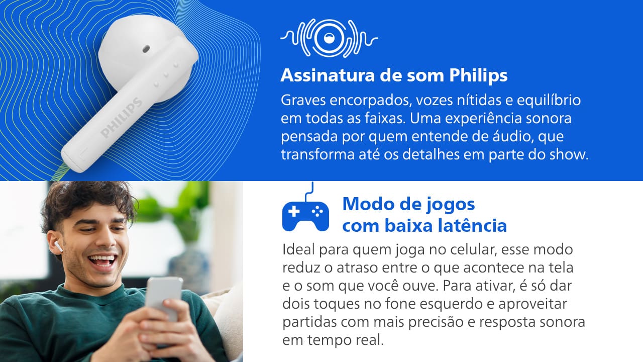 Fone de Ouvido Philips TAT1139WT/00 Bluetooth TWS IPX4 26h de Bateria Branco