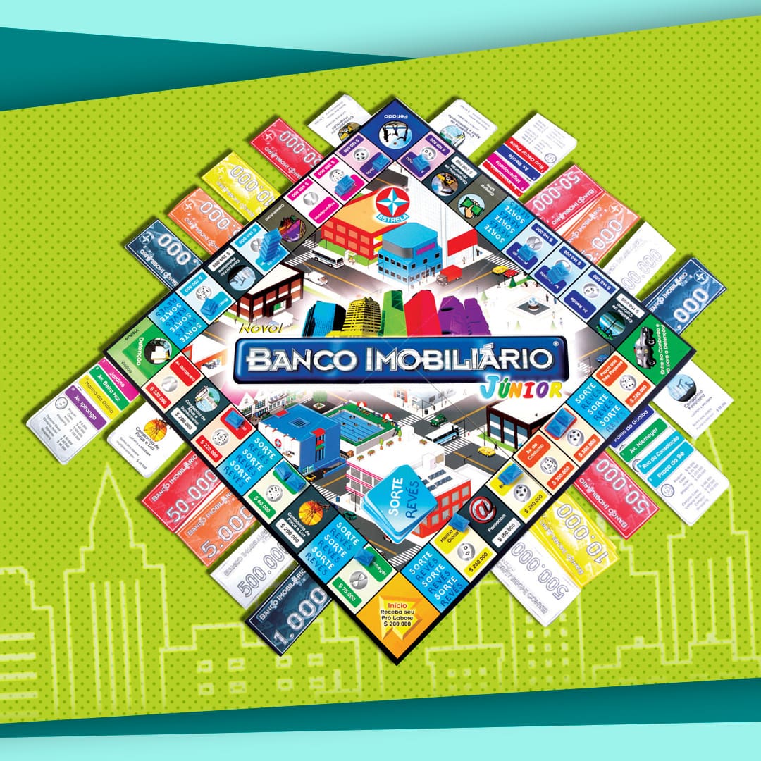 imagem frontal frente tabuleiro Banco Imobiliário colorido cores cartela cartões papéis dinheirinhos fichas