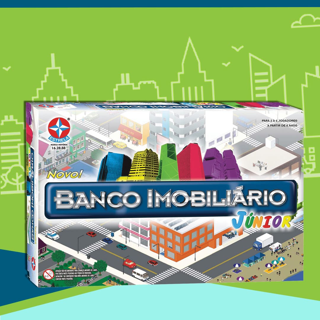 Imagem frontal frente Banco Imobiliário Jr Estrela caixa embalagem jogo em pé fundo arte verde desenhos prédios edifícios aves área paisagem urbana