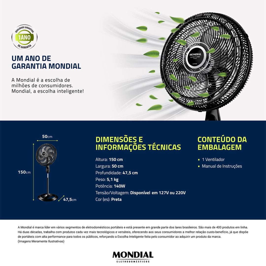 Para manter o ambiente numa temperatura mais agradável em dias de calor, conte com o Ventilador de Coluna TurboVTX-40C-8P Mondial. Ele possui hélice de 40cm de diâmetro com 8 pás, proporcionando maior vazão de ar e permitindo uma excelente ventilação por todo o local.