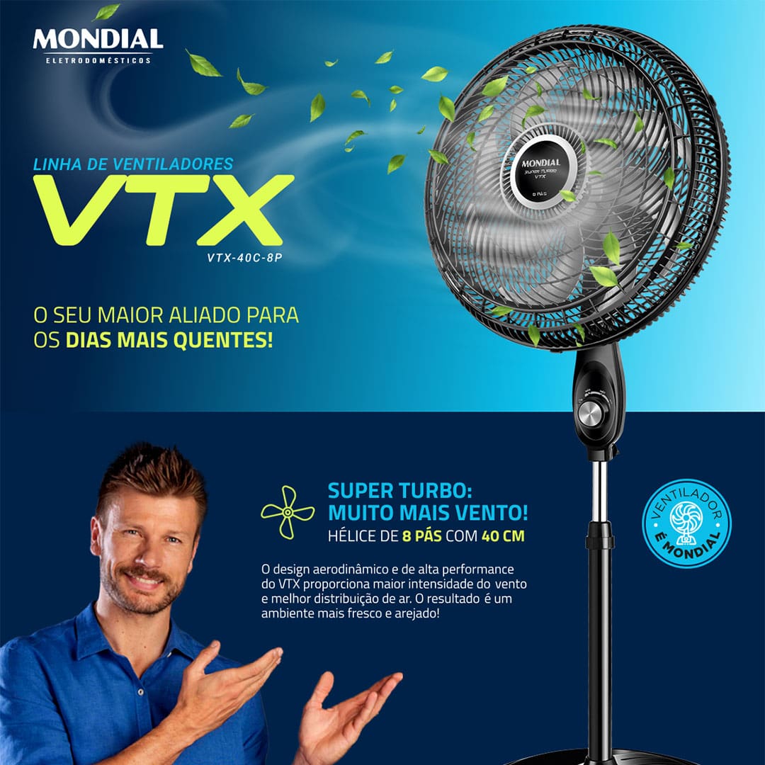 Para manter o ambiente numa temperatura mais agradável em dias de calor, conte com o Ventilador de Coluna TurboVTX-40C-8P Mondial. Ele possui hélice de 40cm de diâmetro com 8 pás, proporcionando maior vazão de ar e permitindo uma excelente ventilação por todo o local.