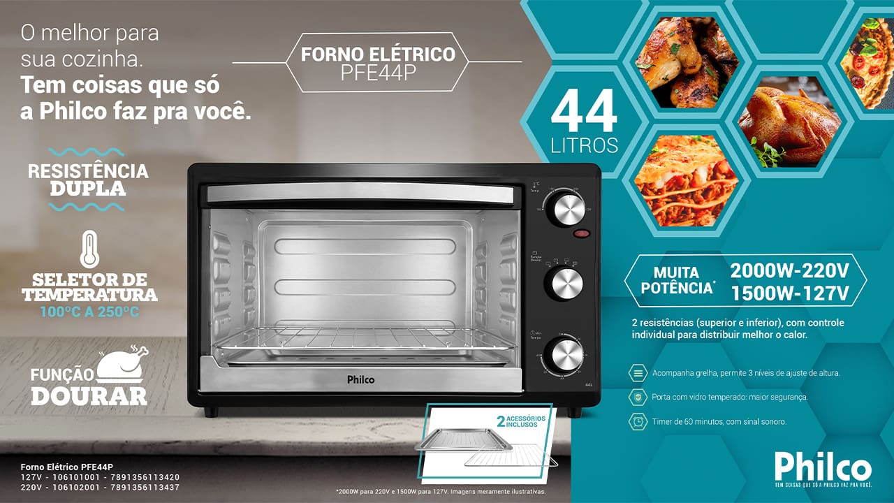 Multifuncionalidade e eficiência na cozinha O Forno Elétrico Philco PFE44P Dupla Resistência 44L é um verdadeiro aliado na cozinha, oferecendo diversas funções para preparar suas receitas preferidas com praticidade. Com ele, você pode aquecer, assar, tostar, dourar, gratinar e grelhar, garantindo resultados perfeitos em cada prato. A função dourar é um destaque especial, proporcionando uma textura crocante e um acabamento "douradinho" para seus alimentos, exatamente como você gosta.