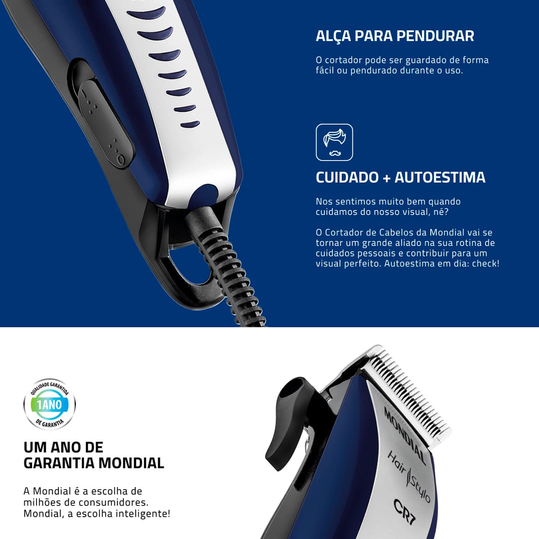 De agora em diante você cuida do seu cabelo. Pra quê gastar uma fortuna com o barbeiro se hoje você pode dar um tapa no seu cabelo com muito mais facilidade, dentro da sua casa, economizando uma grana e tempo? A Máquina de Cortar Cabelo Mondial Hair Stylo CR-07 possui pentes variados e suas lâminas em aço de alta resistência, proporcionam um corte macio, com eficiência e segurança. Além disso, acompanha 4 pentes de corte de 3, 6 ,9 e 12mm que oferecem mais versatilidade e opções de corte.