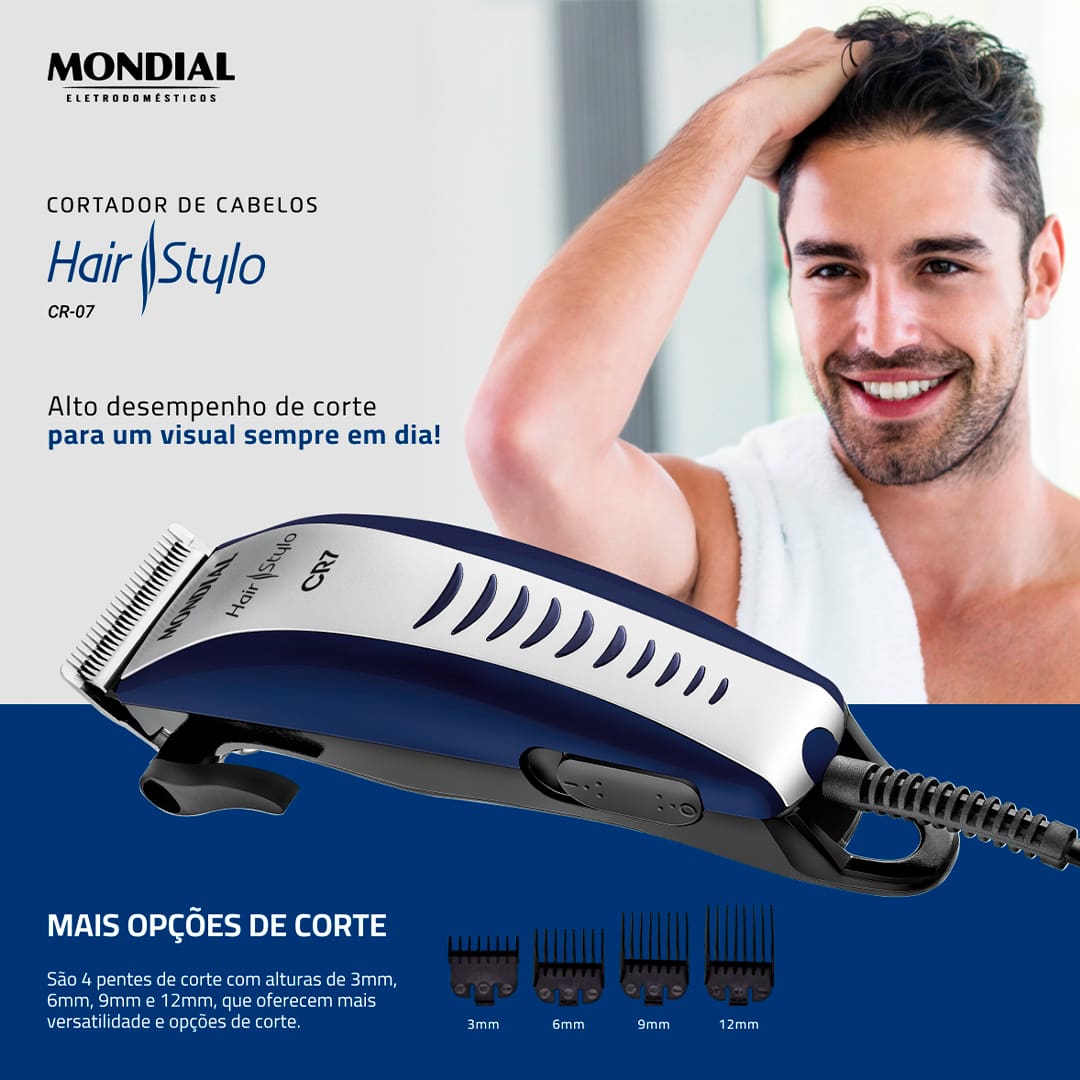 De agora em diante você cuida do seu cabelo. Pra quê gastar uma fortuna com o barbeiro se hoje você pode dar um tapa no seu cabelo com muito mais facilidade, dentro da sua casa, economizando uma grana e tempo? A Máquina de Cortar Cabelo Mondial Hair Stylo CR-07 possui pentes variados e suas lâminas em aço de alta resistência, proporcionam um corte macio, com eficiência e segurança. Além disso, acompanha 4 pentes de corte de 3, 6 ,9 e 12mm que oferecem mais versatilidade e opções de corte.